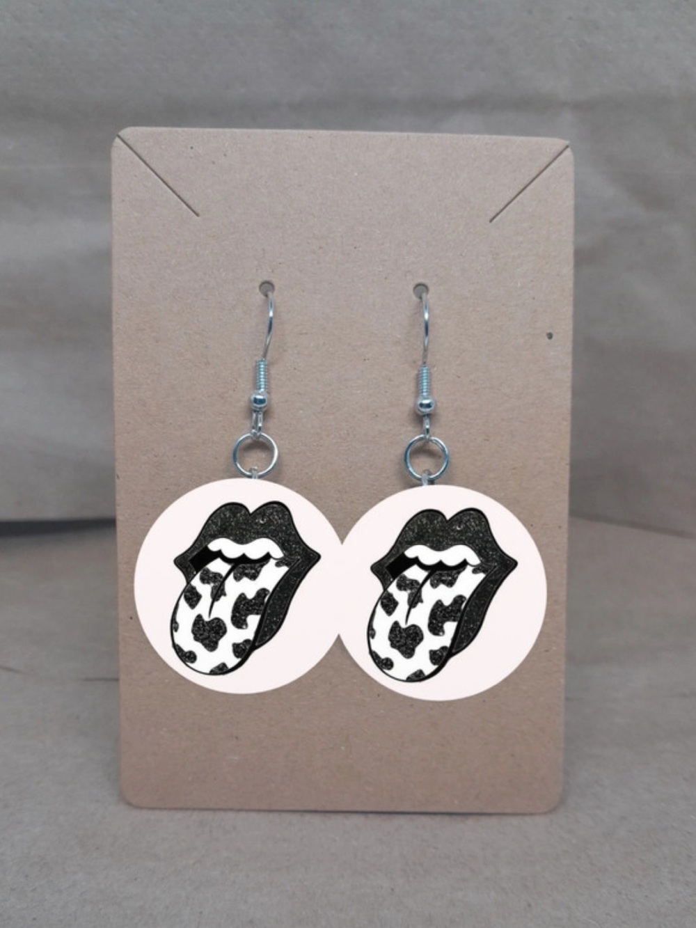 Rolling Stones unique cow print tongue 1 inch dangle earrings